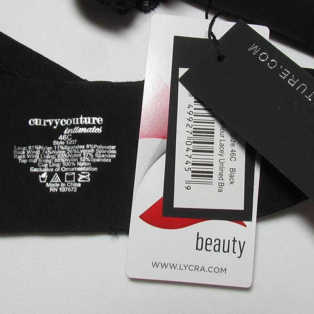 Curvy Couture 46C Everyday Glamour Black Lacy Unlined UW Bra 1207 NWT - Picture 4 of 4